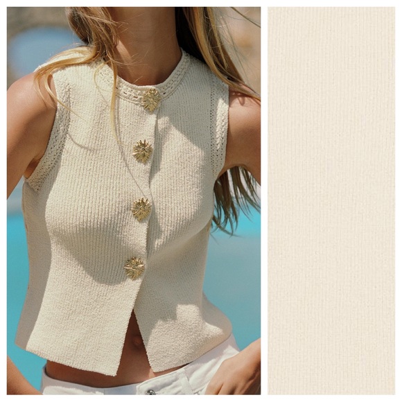 NWOT. Zara Light Beige Gold Buttons Knit Top. Size S. - Picture 3 of 9